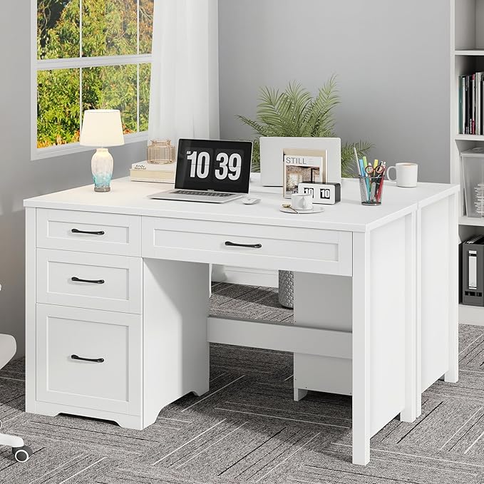 Farmhouse 47" Executive Desk with File Drawer, Wood Computer Desk with 3 Storage Drawers, Workstation for Home Office, Study, Writing.White