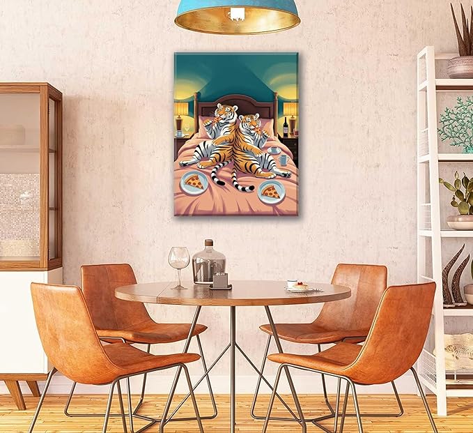 Funny Tiger Canvas Wall Art Fun Tiger Couple Enjoying Pizza In Bed Wall Decor Whimsical Animal Pictures Painting Humorous Decoration Poster Print for Quirky Bedroom Living Room Dining Hall Framed