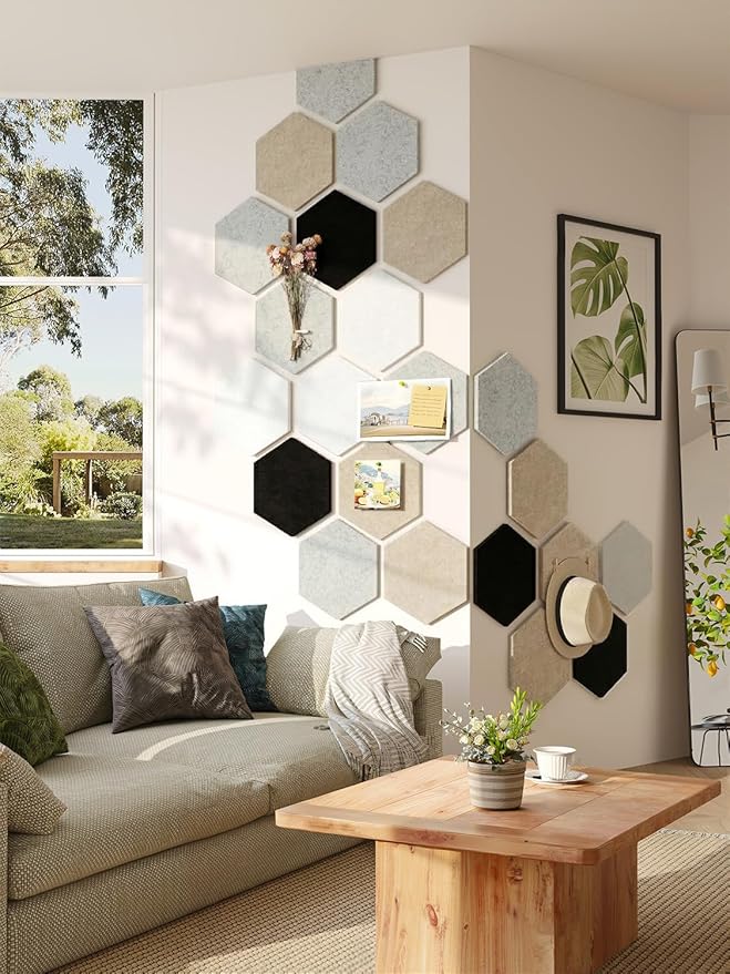 12" Large Bulletin Board with 30 Push Pins, Pack of 8 Hexagon Felt Pin Board Notice Boards for Home Office Kitchen, Felt Wall Tiles for Photos Memos