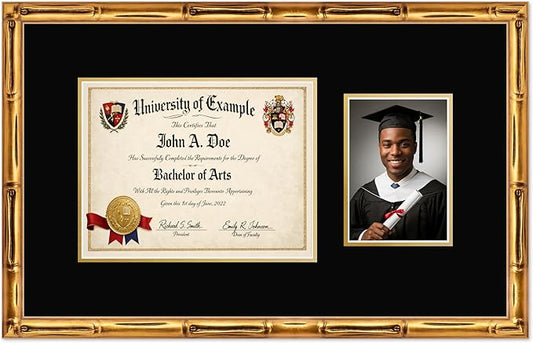 CountryArtHouse Fits 11 x 8.5 US Letter Certificate and 5 x 7 Photo Diploma and Photo Frame Gold Bamboo Genuine Hardwood with Black Over Metallic Gold Double mat