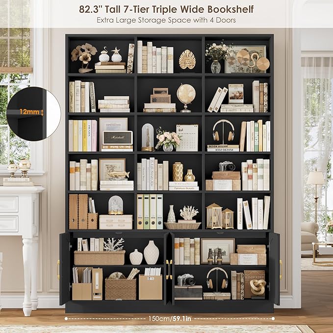 FACBOTALL 82.3" Triple Wide Bookshelf, 7-Tier Tall Bookcase with 15-Cube Open Bookshelf & 4 Doors, Large Bookshelf with Storage Cabinet, Modern Bookshelf for Living Room, Office, Study Room, Black