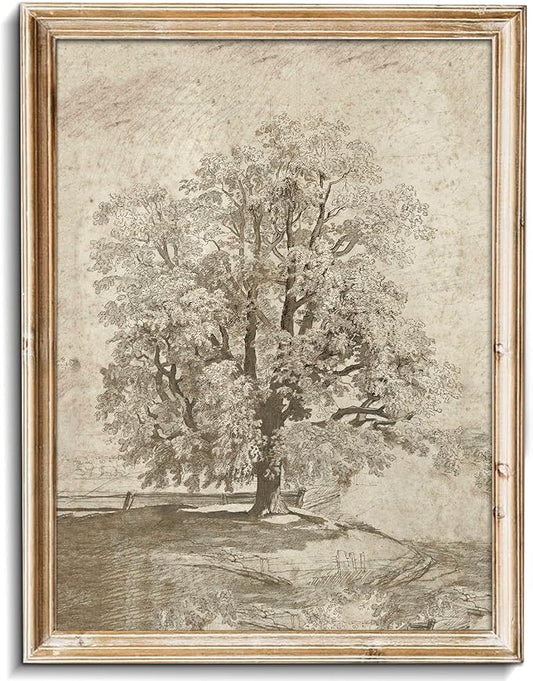 uniro Neutral Etching Vintage Tree Sketch Print, Tree Canvas Wall Art, Antique Rustic Home Decor, Landscape Wilderness Fine Drawing Painting Art Decorative Country/Farmhouse for Living Room, Bedroom, Bathroom Decor( 8" x 10"-UNFRAMED)
