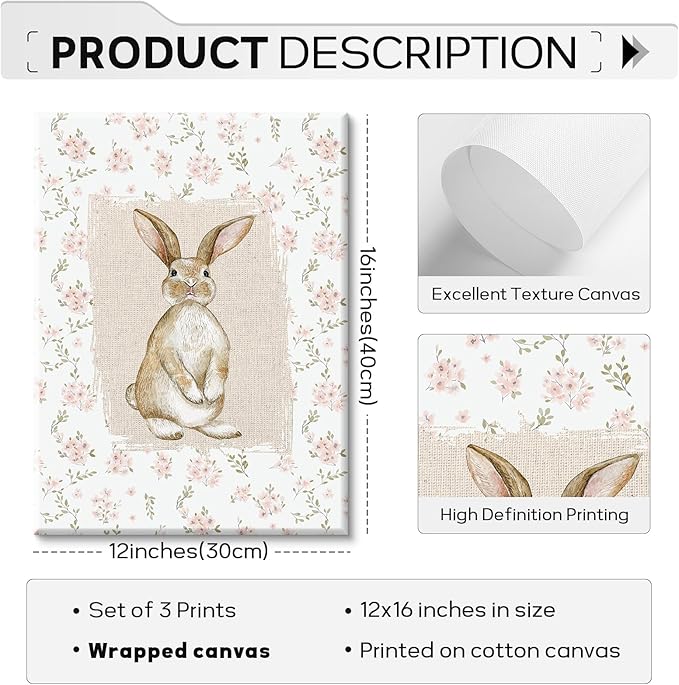 Vintage Nursery Wall Art Goose Canvas Poster Coquette Wall Decor Baby Girl Painting Kids Poster Bunny Rabbit Prints Cute Animal Pictures Duck Artwork for Bedroom Living Room 12x16x3 Inch Ready to Hang