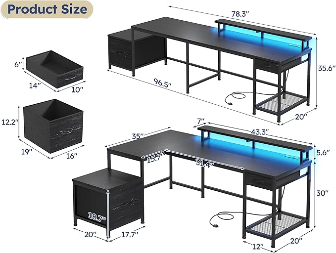 95.6'' Office Desk with LED Lights & Power Outlets, L Shaped Gaming Desk with Drawers, Two Person Computer Desks with Monitor Stand for Home Office, Study Room and Bedroom, Black