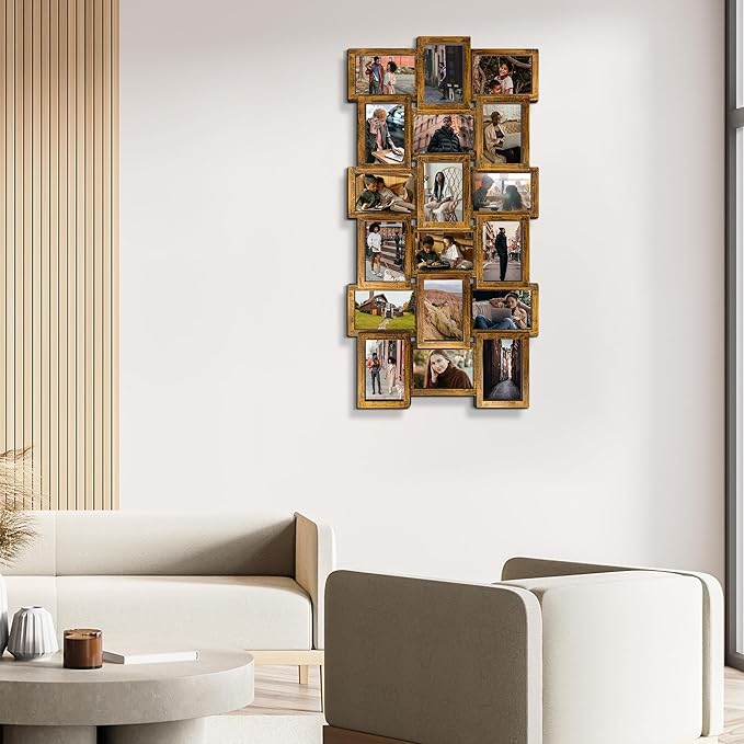 J.M.Deco Collage Picture Frames for Wall Decor, 18-Opening Family Picture Frame Set, One-Piece Photo Frames for Living Room, Bedroom, Gallery, Retro Gold