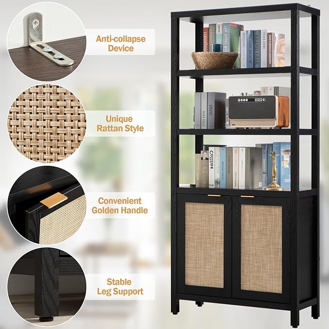 SICOTAS Bookshelf 5 Tier Book Shelf Rattan Boho 71" Tall Bookcase with Doors Storage Shelves Large Bookshelves Farmhouse Bookcases Library Book Case for Living Room Bedroom Home Office Kitchen