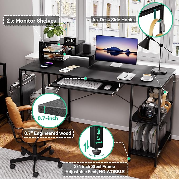 Workstation Desk with Keyboard Tray, 55 Inch Computer Desk with Storage Shelves Monitor Stands and 4 Iron Hooks, Industrial Desk for Home Office