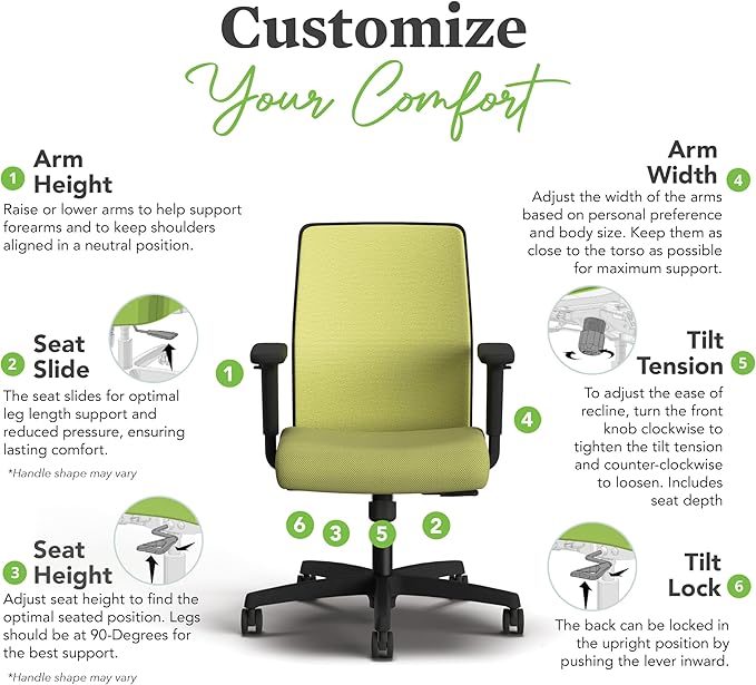 HON Ignition 2.0 Low Back Task Chair, Spectrum Mesh, Standard Synchro-Tilt Control, Office Chair with Lumbar Support, Height and Width Adjustable Arms, Black Frame, Pear