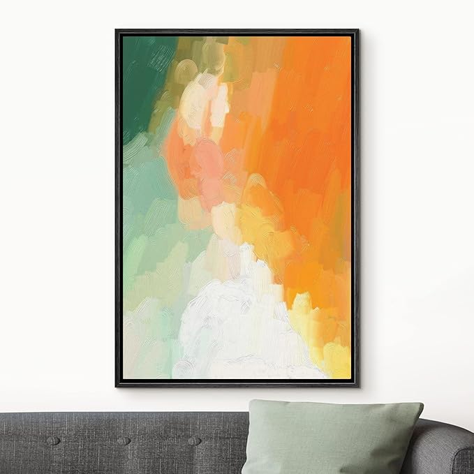 MUDECOR Framed Canvas Print Wall Art Pastel Green, Orange & White Paint Strokes Abstract Shapes Watercolor Modern Art Contemporary Multicolor Ultra for Living Room, Bedroom, Office - 24"x36" Black