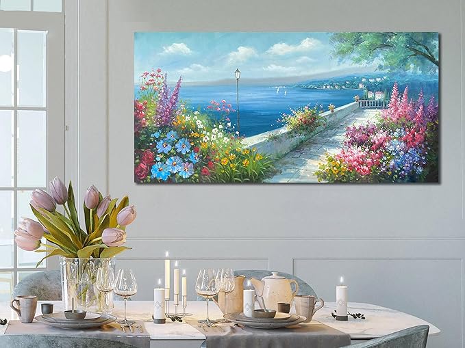 Arjun Blue Landscape Wall Art Canvas for Living Room Ocean Coastal Mediterranean Painting Bedroom 100% Hand Painted Seascape Garden Flower Picture Artwork Large Framed Home Office Wall Decor, 48"x24"