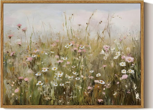 ARPEOTCY Vintage Framed Canvas Wall Art, Pink & White Daisies Landscape Wall Art for Living Room Office Bedroom, Retro Farmhouse Kitchen Bathroom Wall Art Decor(12x16 Inch)