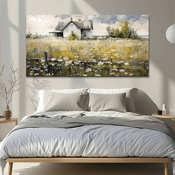 FUHAIHUA Framed Wall Decor Living Room Aesthetic Canvas Wall Art For Bedroom Office Wall Decorations Rural Landscape Paintings Farmhouse Watercolor Pictures Mural Artwork Room Home Decor 20x40 In