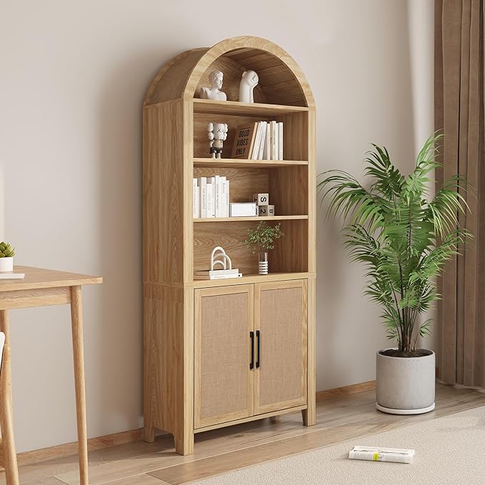 71" Tall Arched Bookcase with Storage, Mid-Century Modern 6-Tier Curved Cabinet with Door, Arched Bookshelf Cabinet with Open Display Storage Shelf for Office Living Room (Natural)