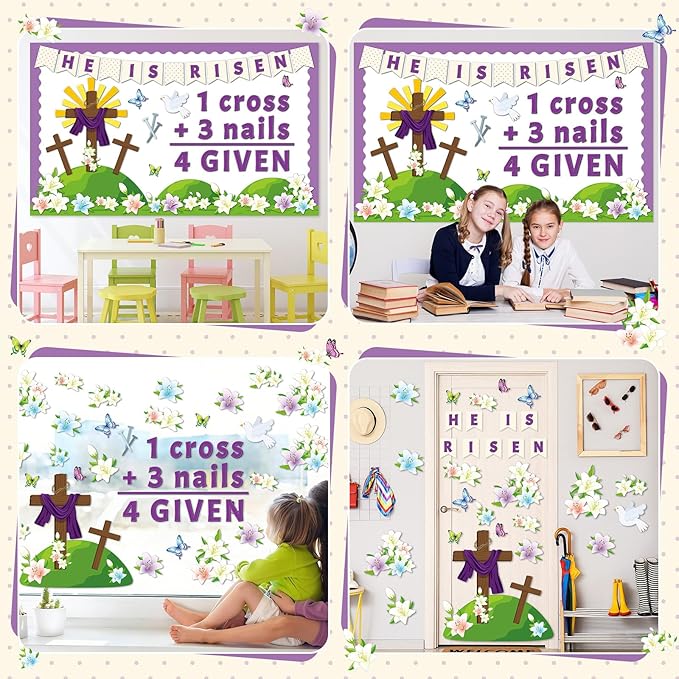 Easter Jesus Cross Bulletin Board Set Lent 1 Cross 3 Nails 4 Given Jesus Resurrection Classroom Decoration Easter Spring Religious Bulletin Board Cutouts for Church Classroom Chalkboard Wall Decor
