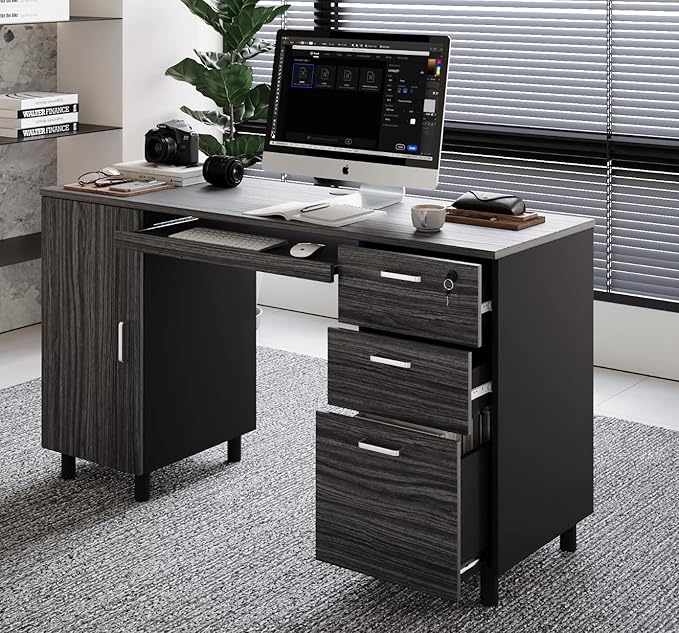 Modern Design Venice Computer Office Desk with 3 Locking Drawers and Storage Cabinet, 53 Inch Home and Office Executive, Black and Grey Desk with with Keyboard Tray by Crafts and Comfort