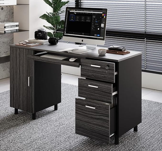 Modern Design Venice Computer Office Desk with 3 Locking Drawers and Storage Cabinet, 53 Inch Home and Office Executive, Black and Grey Desk with with Keyboard Tray by Crafts and Comfort
