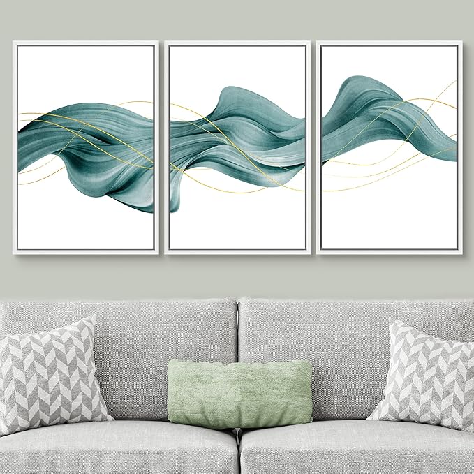 SIGNWIN Framed Canvas Print Wall Art Set Futuristic Teal Geometric Smoke Wave Abstract Shapes Illustrations Modern Art Decorative Nordic Zen Chic for Living Room, Bedroom, Office - 16"x24"x3 White