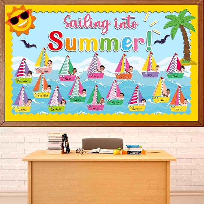 gisgfim 3D Sailing into Summer Classroom Bulletin Board Decorations Set Hawaii Beach Paper Cutouts Sailboats Bulletin Board Decor for Tropical Hawaiian Back to School Nursery Door Chalkboard Wall