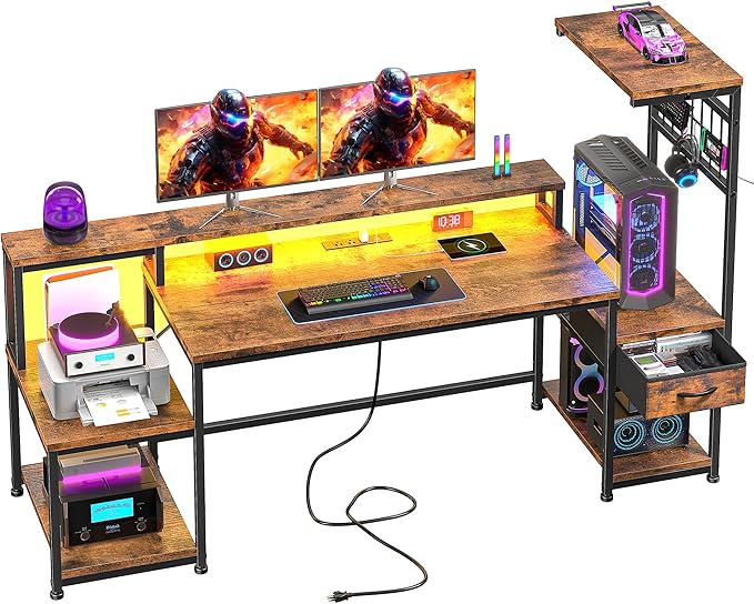 63" Gaming Desk with LED Lights & Outlets,Computer Desk with Drawers & Monitor Stand,Gaming Table with Storage Shelves & Printer Space for Game Room,Study Room,Home Office,Rustic Brown