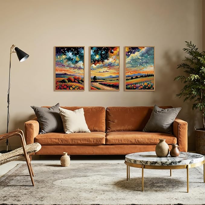 Large Abstract Mountain Flower Framed Canvas Wall Art,Colorful Starry Night Wall Decor,Retro Natural Wildflower Wall Painting,Field Artwork for Living Room,Bedroom,Dining Room,Office -24"x36"x3