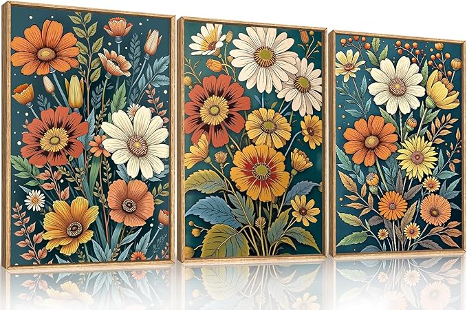 HOURIA Spring Boho Vintage Floral Framed Canvas Wall Art Set,Nordic Retro Colorful Wildflower & Green Leaves Wall Decor,Abstract Vibrant Bouquet Botanical Artwork for Living Room, Bedroom,Farmhouse-24"x36"x3
