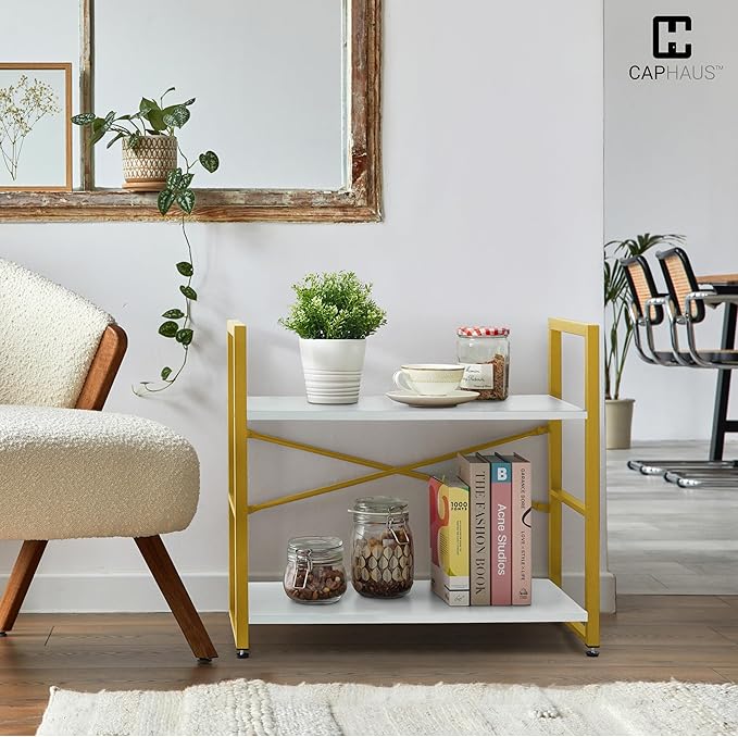 CAPHAUS 2 Tier Small Bookshelf, Bookcase Shelf Storage Organizer for Living Room, 24 Inch Width Free Standing Shelf, Industrial Book Shelves for Home Office, White Wooden Shelves & Gold Frame