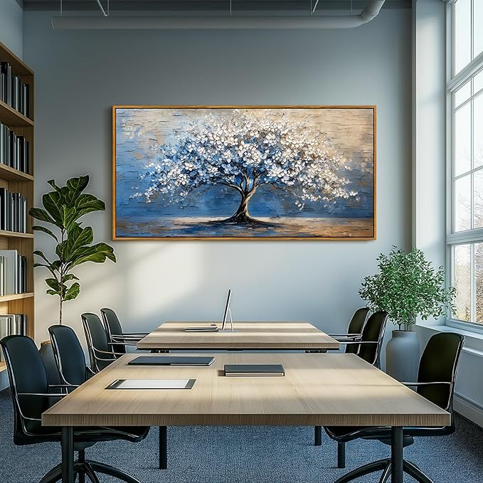 SERIMINO Tree of Life Wall Art, Framed Wall Art Large Artwork, Cherry Blossom Tree Abstract Paintings Prints, Nature Canvas Art Wall Decor, Blue Neutral Pictures for Living Room Bedroom Office 29"X57"