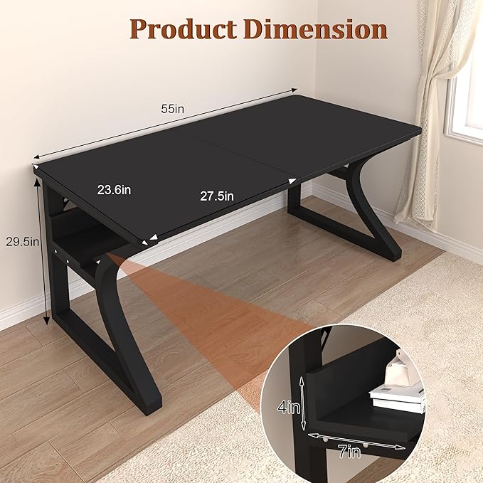 StarGraph Computer Desk 55 Inch Large Computer Desk with Storage Shelf Home Office Desk with C Shaped Metal Frame Writing Work Study Student Home Bedroom Office (Black, 55inch)