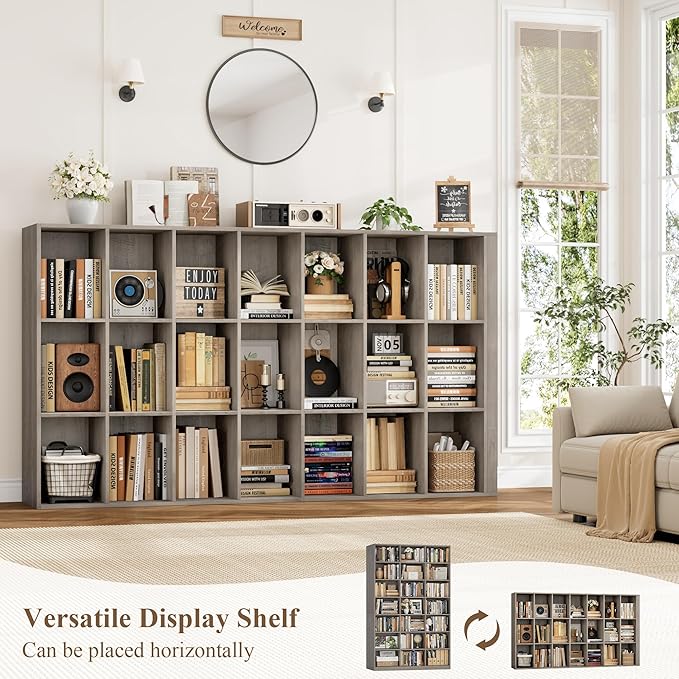 HOSTACK 86"H Triple Wide Bookshelf and Bookcase, 7 Tier Tall Bookshelf with Storage, Large Bookcase with 21 Open Display Storage Shelves, Wood Book Shelf Media CD DVD Storage for Living Room, Ash Gray