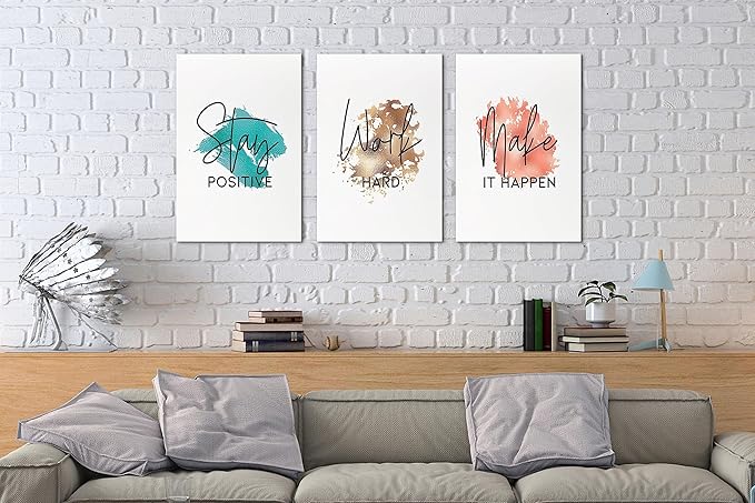 SHMAO Office Canvas Wall Art Motivational Wall Decor, 3 Piece Stay Work Make Print Pictures for Office Wall Decor Women Inspirational Framed Artwork Home Office Decor 12”x18”x3 Panels