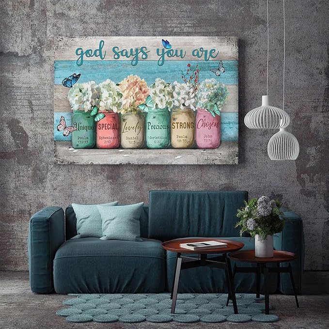Parylore Inspirational Canvas Wall Art Encouraging Bible Verses On Cute Marson Jars and Butterflies God Says You Are Modern Artwork for Living Room Bedroom Bathroom Office Home Decor 16x20 In