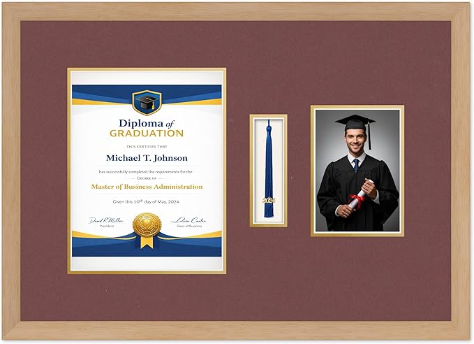 Diploma Tassel and Photo Frame Natural Wood Shadowbox Dark Red Over Gold Mat - Fits 8.5 x 11 Degree Picture Made in the USA