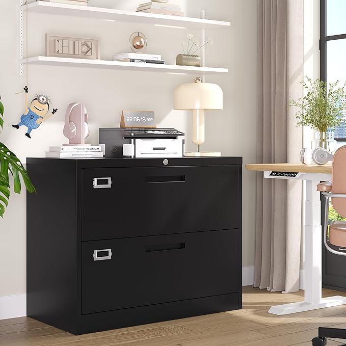 2 Drawer Lateral File Cabinet Metal Filing Cabinet with Lock Office Home Steel Lateral File Cabinet for A4 Legal/Letter Size Lockable Wide Metal Cabinet,Assembly Required(2 Drawer, Black)