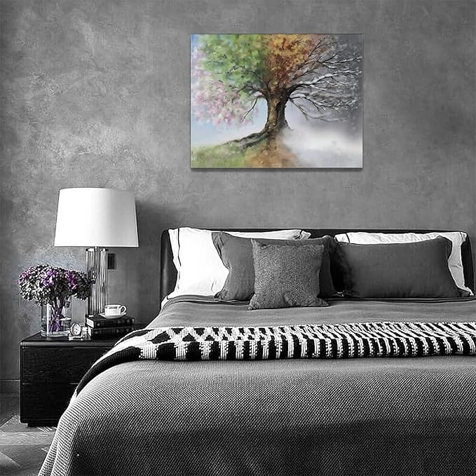yerretin Tree of Life Wall Art Colorful Country Trees Pictures Wall Decor Rustic Four Season Canvas Painting Modern Artwork Home Decorations for Bathroom Living Room Bedroom Office Framed 16"x12"