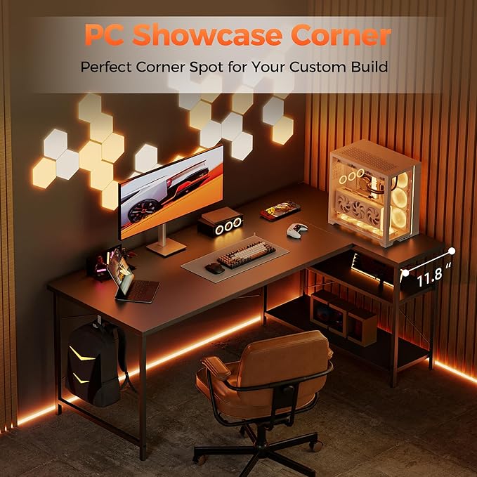 Mericonia Small L Shaped Computer Desk, Reversible Gaming Desk with Storage Shelves, Corner Gamer Desk Table, Study Writing Table
