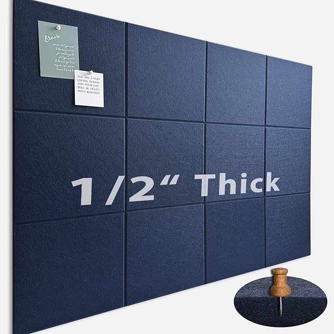 Large Cork Board for Office Wall Decor,48"x36"-12 Pack Felt Wall Tiles with Safe Removable Adhesive Tabs, Thicker 0.47in, Felt Bulletin Board Pin Board Cork Boards for Walls - Dark Blue