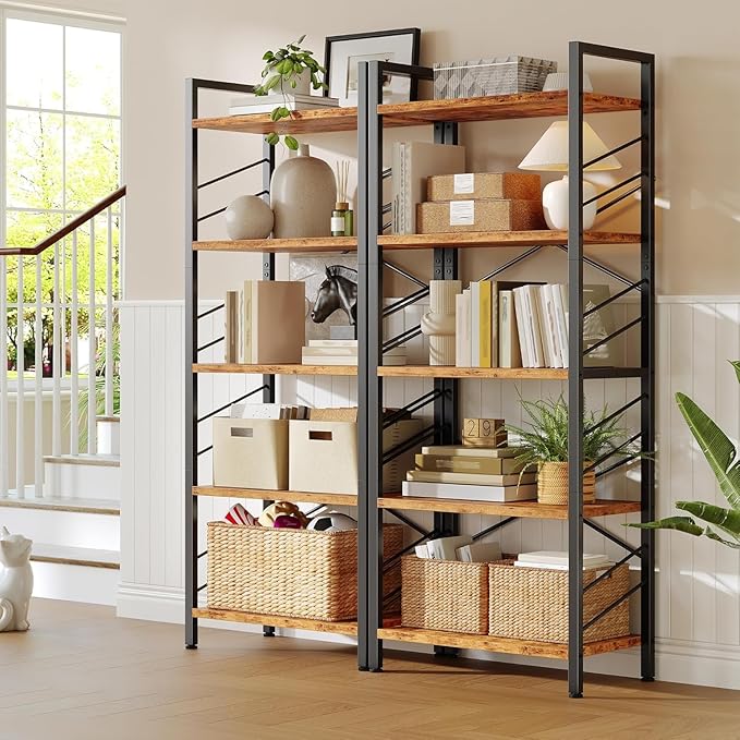Book Shelf, Industrial 5 Tier Tall Bookshelf, Modern Display Storage Shelves with Metal Frame and Sidebars, Bookcase for Bedroom, Living Room and Home Office, Rustic Brown