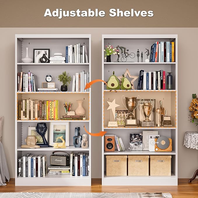 66” Tall Metal Bookcase, 5-Shelf Book Case with Adjustable & Extra Deep 14” Shelves, Heavy Duty Storage for Books, Vinyl Records, Home Office, Library, Living Room, Garage, White
