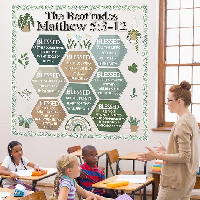 Christian Bulletin Board Decoration The Beatitudes Matthew 5:3-12 Classroom Decoration Motivational Bible Verse Paper Cutouts for Back to School Sunday School Church Parish Decor（Greenery）