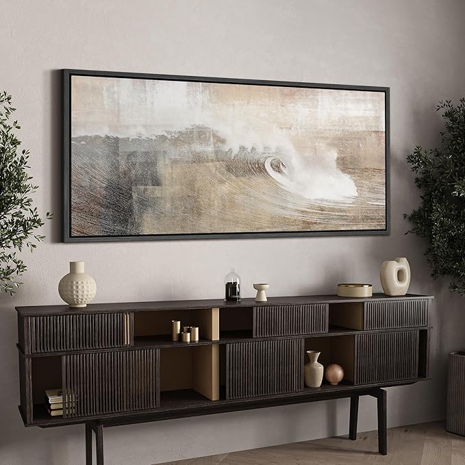 SIGNFORD Extra Large Framed Canvas Neutral Ocean Wave Abstract Illustrations Modern Art Calm Warm for Living Room, Bedroom, Office - 60"x30"