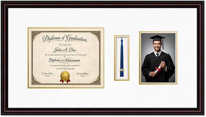 Diploma Tassel and Photo Frame Executive Brown Shadowbox Oyster Shell Over Gold Mat - Fits 10 x 8 Degree Picture Made in the USA