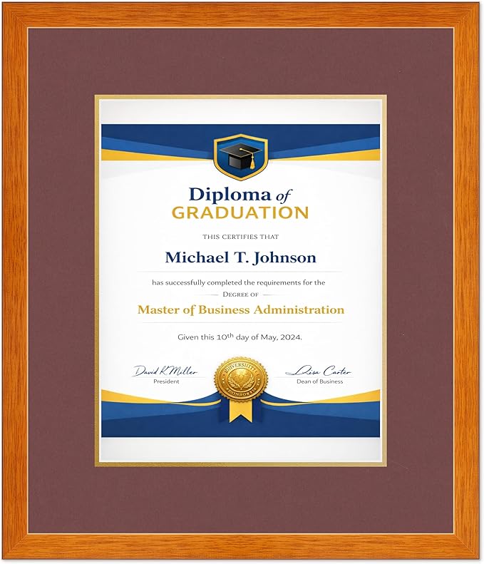 Diploma Frame Honey Oak with Dark Red Over Gold Double Mat - Fits 11 x 14 College Diploma (Portrait) Wall Display Made in the USA