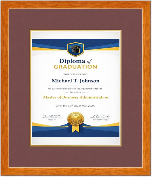 Diploma Frame Honey Oak with Dark Red Over Gold Double Mat - Fits 11 x 14 College Diploma (Portrait) Wall Display Made in the USA