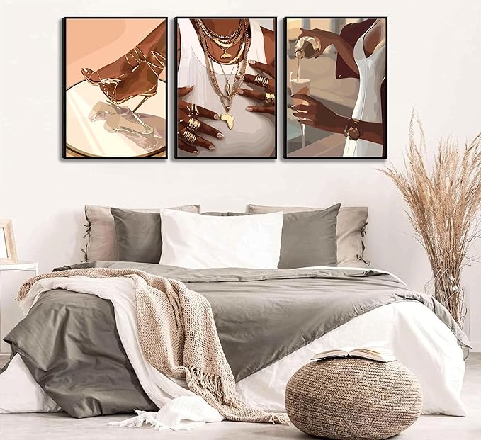 3PCS Black Woman Canvas Wall Art,Black Girl Poster Fashion Girl Abstract Pictures Prints Boho Black Female Paintings African American Woman for Nordic Minimalist Room Bedroom Wall Decor Unframed