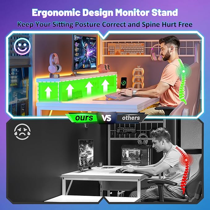 White Desk with Shelves & Hooks, 63.5" L Shaped Computer Desk with Monitor Stand & Power Outlets & LED Lights and Printer Space for Home Office, Bedroom, White
