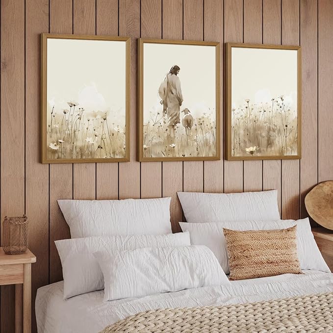Jesus Leaves the 99 Sheep Wall Art Christian Canvas Poster Jesus and Lamb Wall Decor Religious Pictures Lost Sheep Painting God Christ Painting Artwork for Bedroom Living Room 16x24x3 Inch Wood Framed
