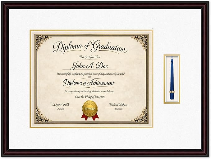 Diploma Frame with Tassel Holder 25.25 x 19 Executive Brown Shadowbox Oyster Shell Over Gold Mat - Fits 15 x 12 Degree Made in the USA