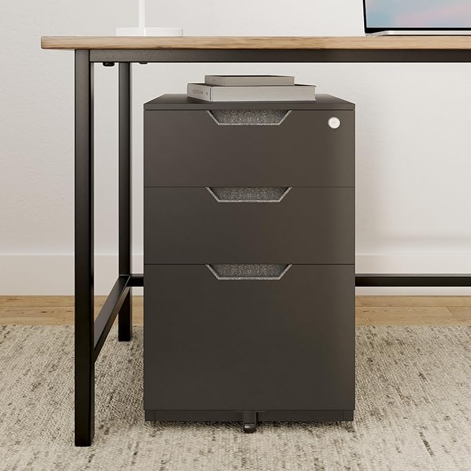 Amazon Basics 3-Drawer Mobile File Cabinet with Lock, Rolling Filing Cabinet for Hanging Files, Black, 20.71" D x 15.51" W x 24.29" H | With Lock, 3 Drawer