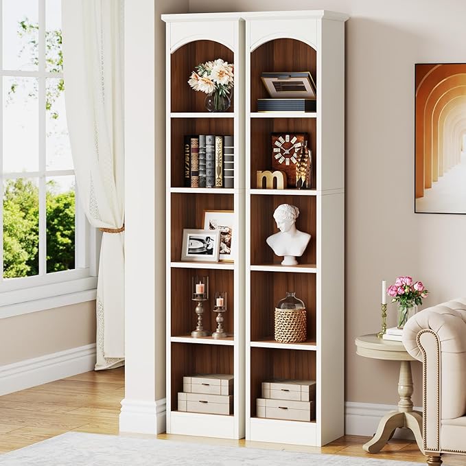 Tribesigns 70.9-Inch Tall Narrow Bookcase Set of 2, 5-Tier Cube Bookshelf with Storage, Modern Slim Corner Display Shelves for Home Office, Living Room, White & Oak