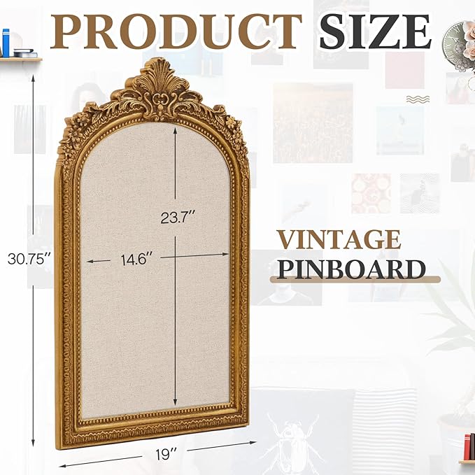 Vintage Framed Pin Board Linen Display Bulletin Board Large Cork Fabric Picture Photo Pinboard Memo Ornate Decorative Pinboard Ornate for Wall Gift(Arch,20'' X 30'',Classic Gold)